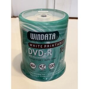 Windata 100-Pack DVD-R Blank Discs 16x 2.0 New Sealed White Printable Hub